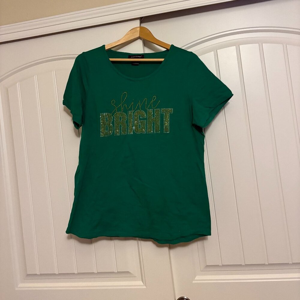 Ashley Stewart Shine Bright Studded T Shirt Size 14/16 Green Gold Short Sleeve